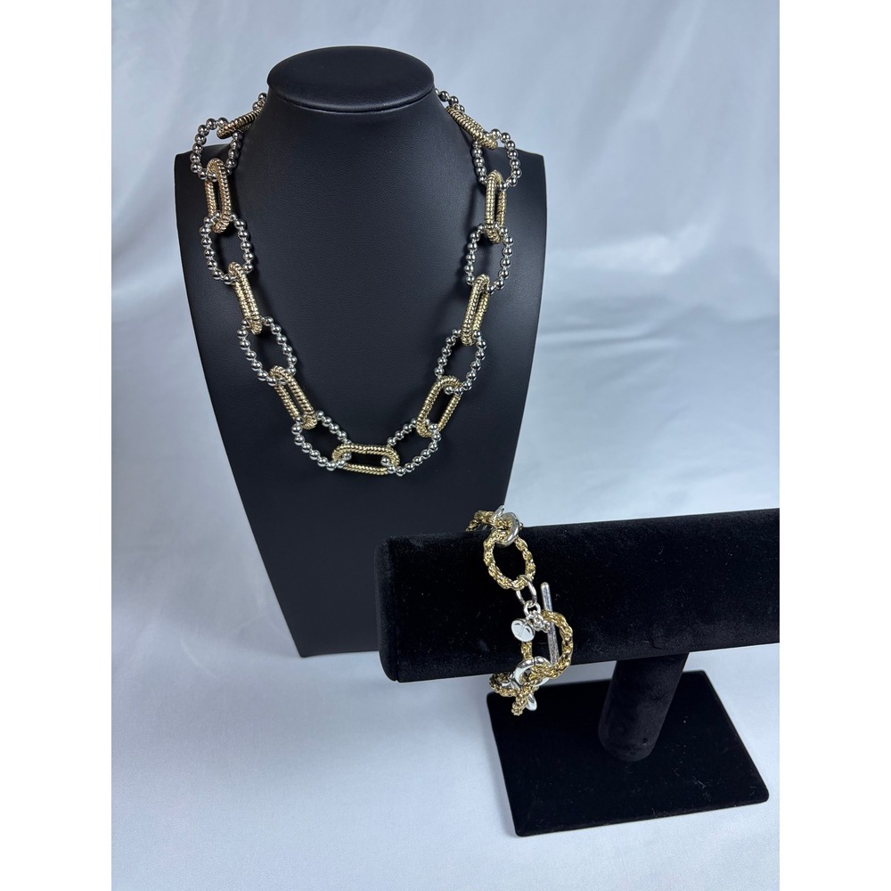 Mixed Metal Two Tone Chunky Link Necklace and Bracelet Set Gold Silver Tone